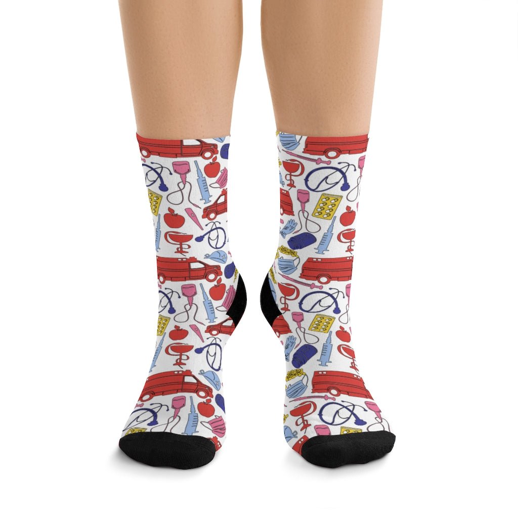 Medical Design Socks - Medical Worker Socks - Nursing Socks - bright color funny design (White)