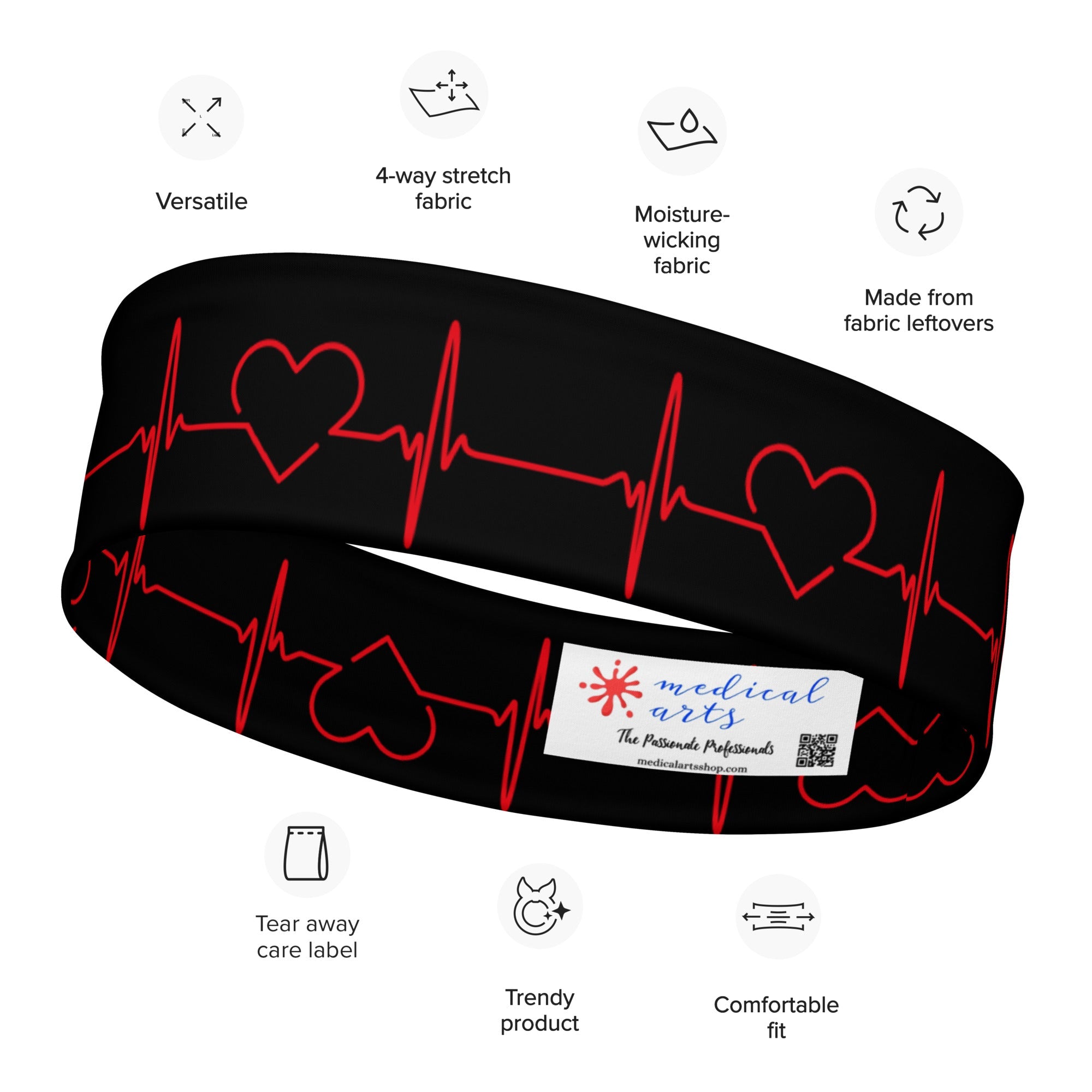 Stretchy Headbands - ECG pattern - Black and Red - Medical Arts Shop